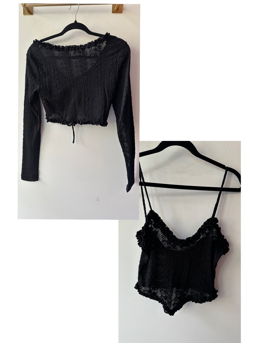 Mimosa, Black Lace Mesh Tank & Long Sleeve Set P2P 16-17, Size S | 1610